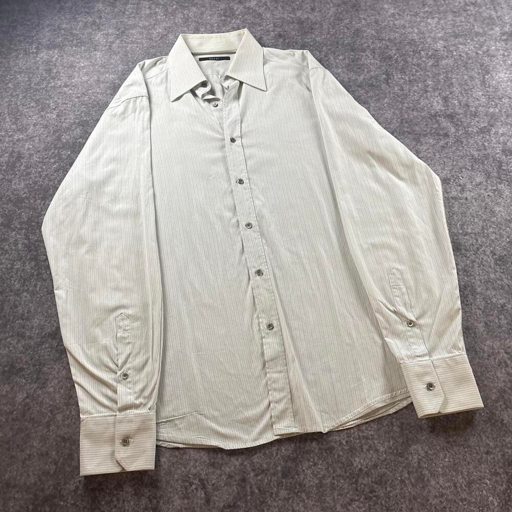 Gucci Men’s 41/16 Ivory Gray Striped Cotton Made in Italy Button Up Dress Shirt